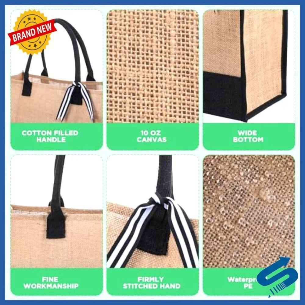 Large Jute Tote Bags Set Natural Canvas Reusable Grocery Beach Travel DIY